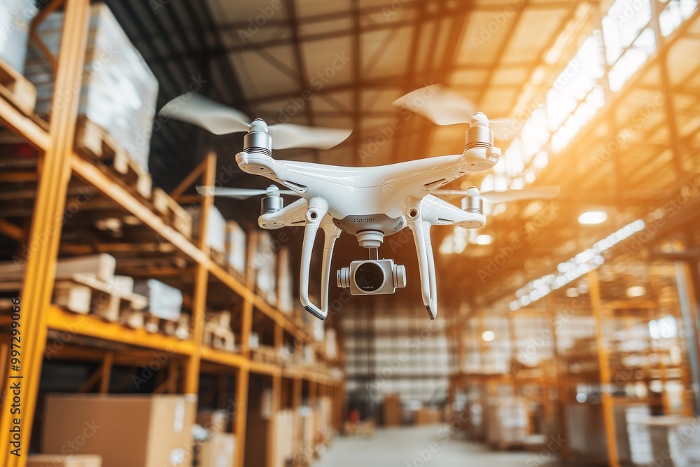 Poster white drone hovering in a sunlit warehouse aisle symbolizing uav technology for secure and efficient