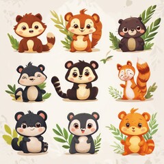 Nine cute cartoon animals with big eyes.