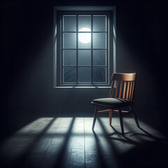 A chair in a dark room and window at night