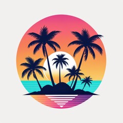 A vibrant tropical sunset scene featuring palm trees and a serene ocean view.