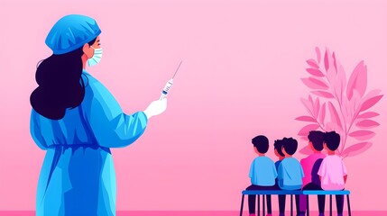 Obraz premium Nurse administering a vaccine in a school gym, children seated at a distance in a line, pastel colors, soft lighting, minimalist illustration, focus on safety