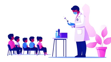 Nurse administering a vaccine in a school gym, children seated at a distance in a line, pastel colors, soft lighting, minimalist illustration, focus on safety