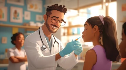 Fototapeta premium Healthcare worker giving a vaccine, diverse patients in line, digital illustration, vibrant colors, clean lighting, community center backdrop, soft-focus