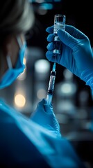 A healthcare professional applying a bandage on a patient's arm post-vaccine, with the syringe resting on a stainless tray, focused, clean medical scene