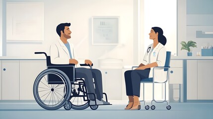 Medical professional giving a vaccine to a patient in a wheelchair, focus on inclusivity, soft light, minimalist clinic background, soft pastel palette, 2D illustration, gentle lines