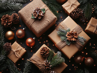 Fototapeta premium Flat lay new year cristmas boxes, balls and pine tree and lights . High quality photo