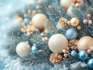 Flat lay winter header: spruce twigs with cristmas decoration in golden, blue and white colors
