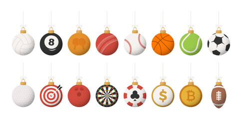 Sport Christmas balls set. Retro Christmas set with sport baseball, basketball, football, tennis, cricket, soccer, volleyball, bowling, billiard balls hang on a thread. Vector illustration.