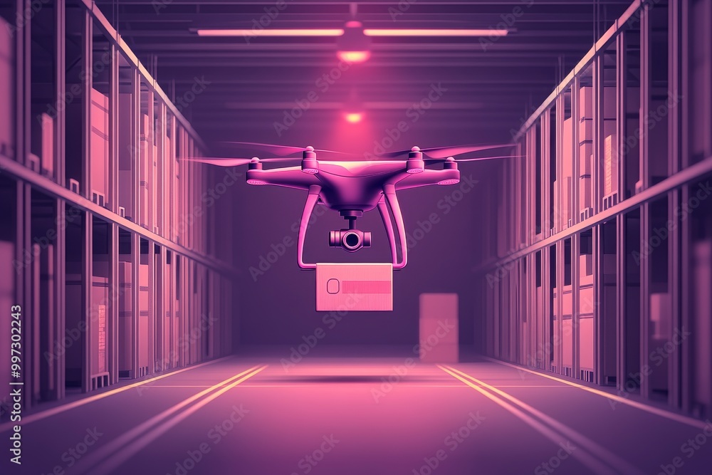 Aufkleber drone flying through a modern warehouse with precision cargo handling systems symbolizing uav techno