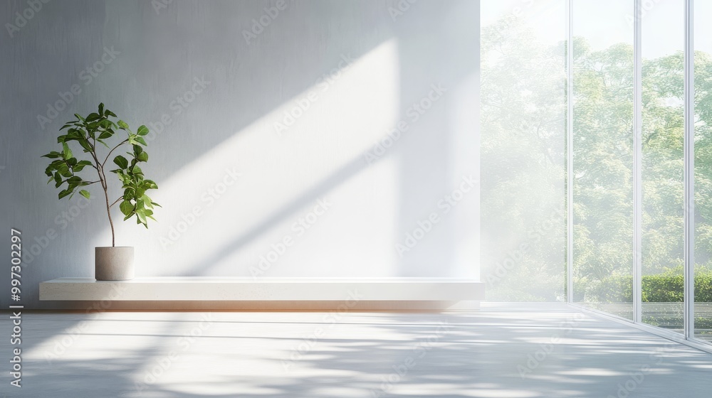 Aufkleber bright natural light streams through a large window in a minimalist room, highlighting a simple shel