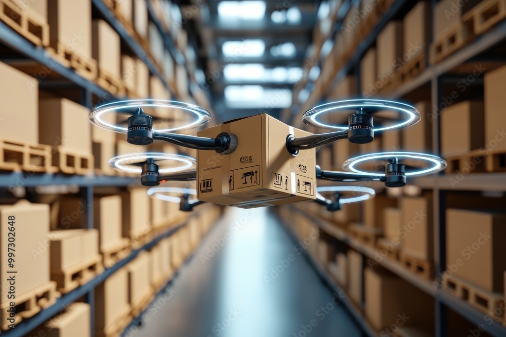 Poster drone equipped with a cardboard package flying through a high tech warehouse focusing on efficient a