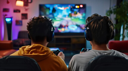 happy couple playing video game with controller on play station at home, friends play computer games on console and have fun