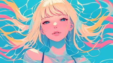 Manga-Style Illustration of a Beautiful Blonde Girl with Yellow Eyes Swimming in a Pool, Set Against a Pastel Light Blue Background