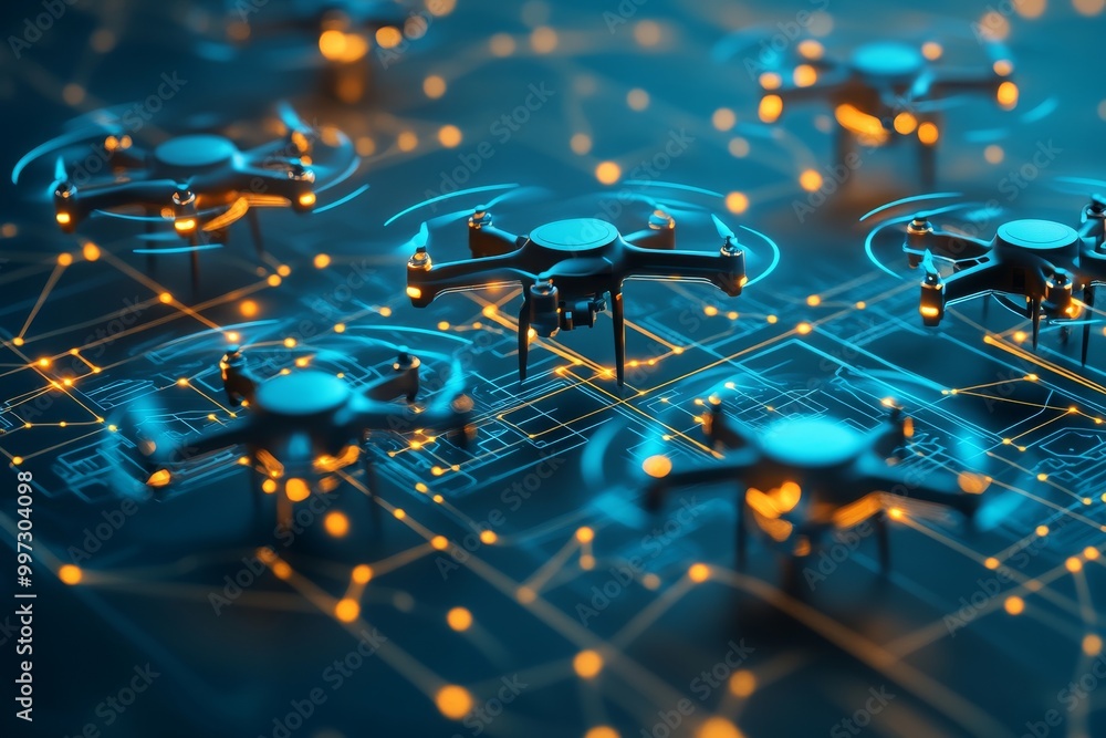 Poster transparent 3d illustration of drone circuit board with glowing orange lines representing the inner 