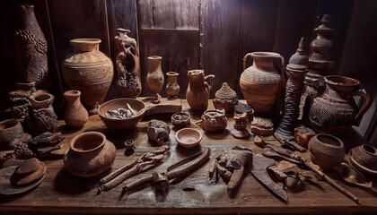 Collection of Cultural Artifacts from Various Civilizations on Rustic Wooden Table