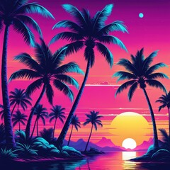Obraz premium A vibrant tropical sunset with palm trees and a serene water reflection.