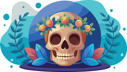 Vibrant skull with flower crown, flat design for web banners, poster art with a festive theme, Day of the Dead