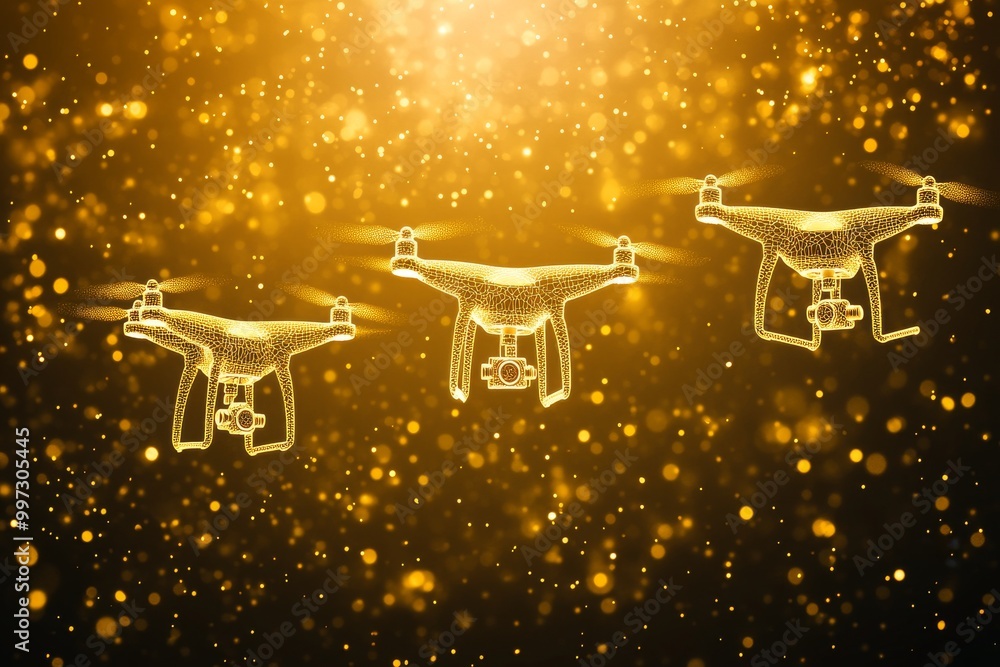 Poster golden wireframe drones floating in a bright space representing futuristic drone technologies and th