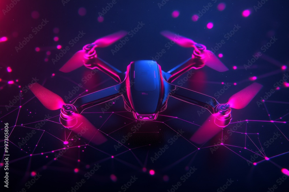 Poster neon lit drone with purple and pink lights hovering in a dark digital environment symbolizing high t