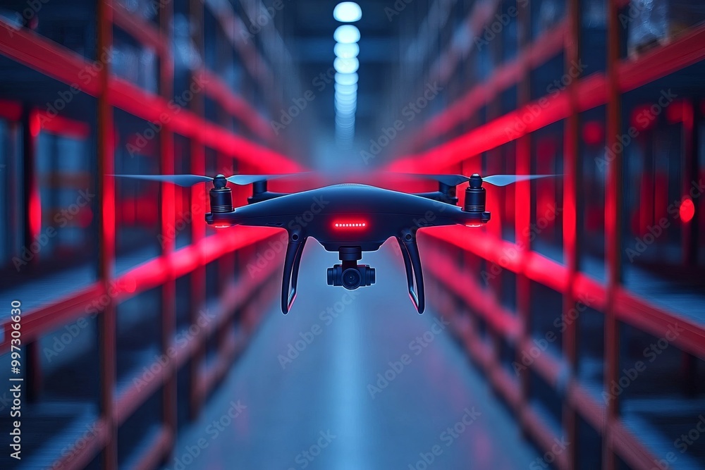 Poster single drone hovering inside a high tech warehouse aisle with red lighting representing modern autom