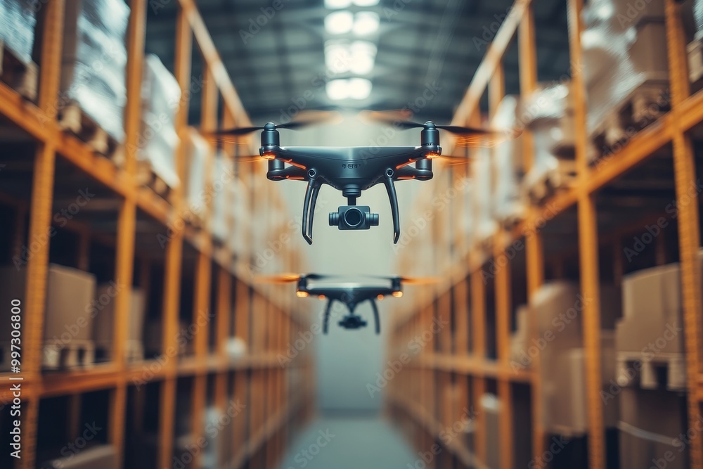Poster drone hovering between warehouse shelves with green lights emphasizing automation and smart drone lo