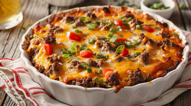 hamburger casserole with colorful toppings served on rustic wooden table