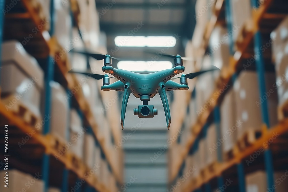 Poster white drone hovering in the middle of a bright warehouse aisle focusing on precise inventory control