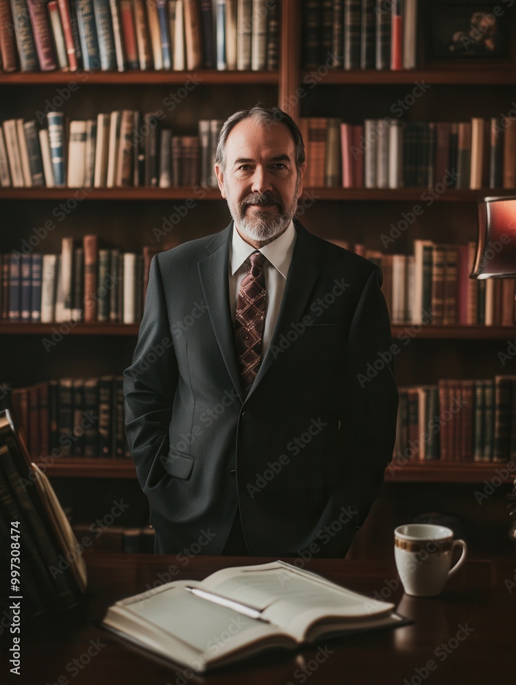 Poster a distinguished professor, dressed in a suit, poses with confidence in a library surrounded by shelv
