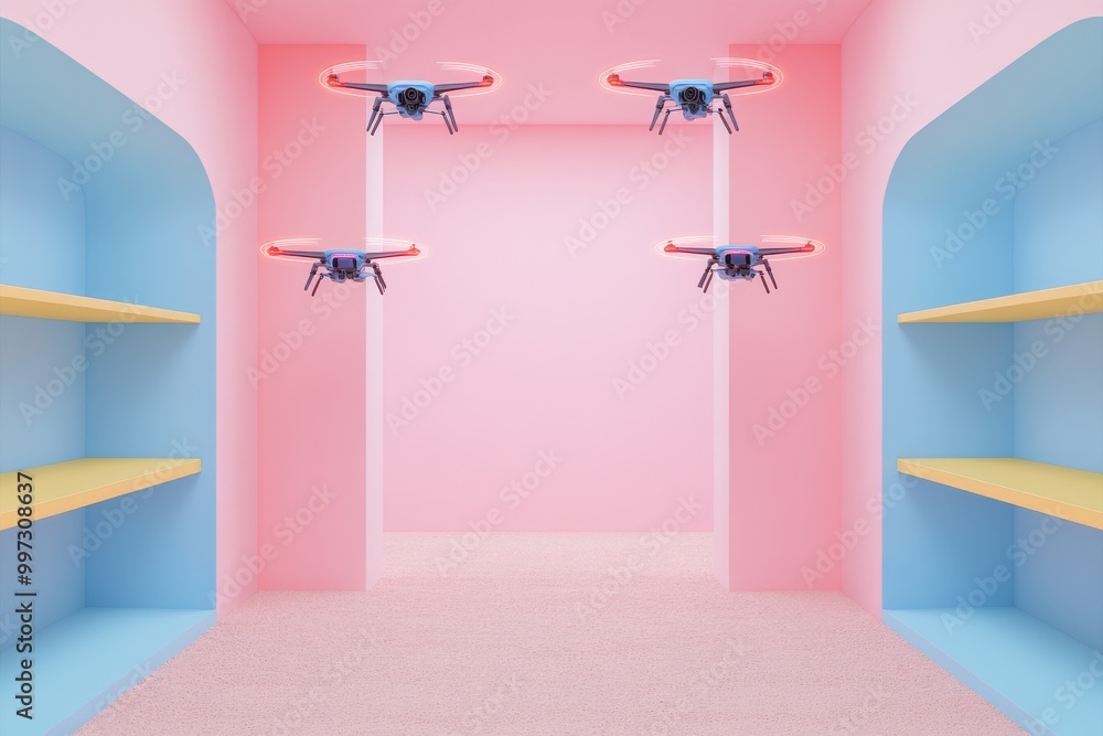 Aufkleber three drones hovering in a bright minimalist room focusing on precision drone navigation systems in 