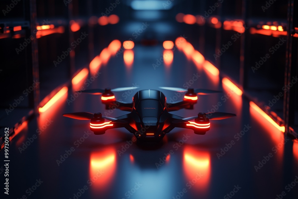 Poster futuristic drone hovering over glowing red neon lines in a high tech warehouse emphasizing advanced 