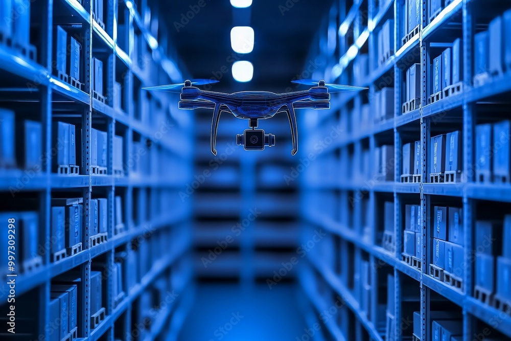 Poster blue lit warehouse with hovering drone scanning boxes showcasing advanced inventory management and a