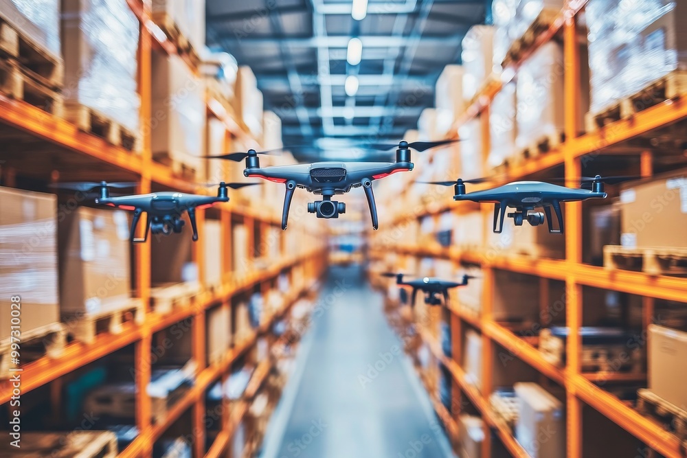 Poster multiple drones flying through a warehouse exemplifying synchronized drone operations and automated 