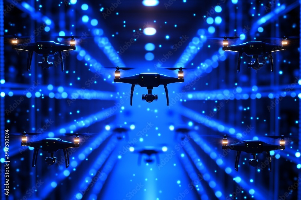 Poster Futuristic warehouse with blue neon lighting featuring drones flying in a highly automated logistics environment showcasing advanced tech driven operations