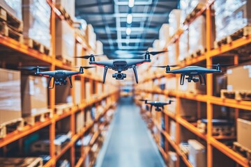 Multiple drones flying through a warehouse exemplifying synchronized drone operations and automated inventory management for streamlined logistics processes