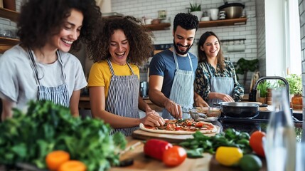 Friends Laughing & Preparing Pizza Together