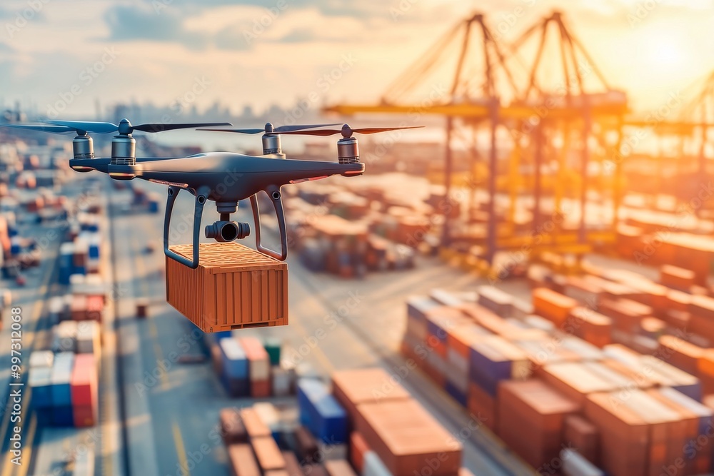 Poster drone hovering above a busy shipping port during sunset with cargo containers and cranes in the back