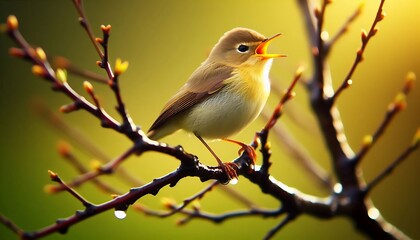 bird perched on a branch, singing.