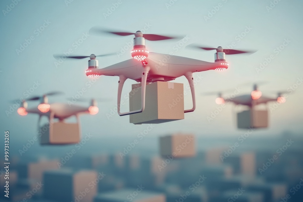 Poster multiple drones hovering above a modern cityscape symbolizing the future of autonomous drone fleets 