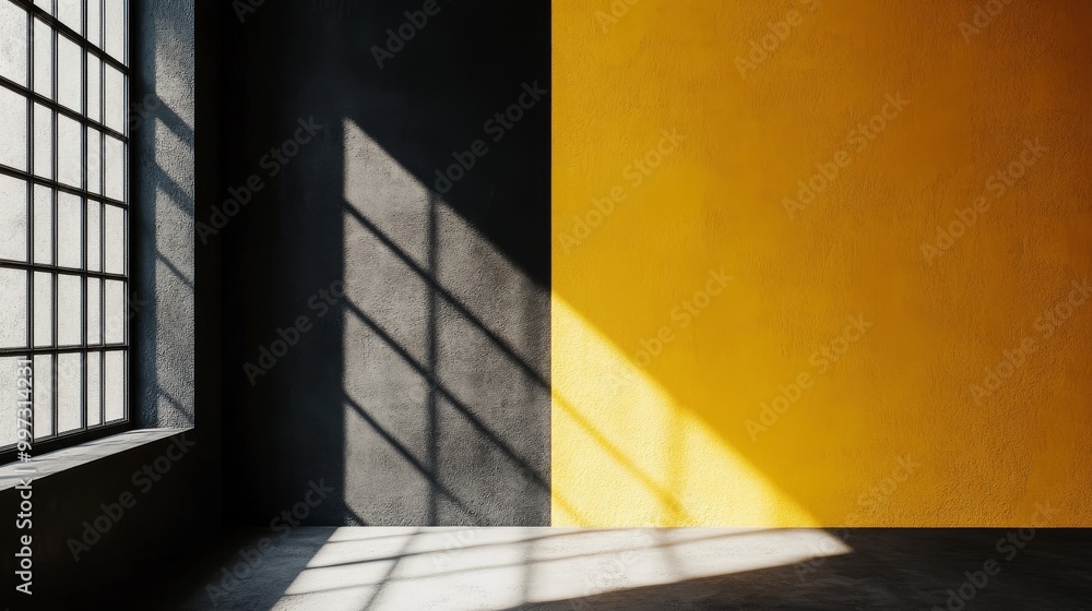 Poster a studio interior features a striking contrast of black and yellow walls, illuminated by natural lig