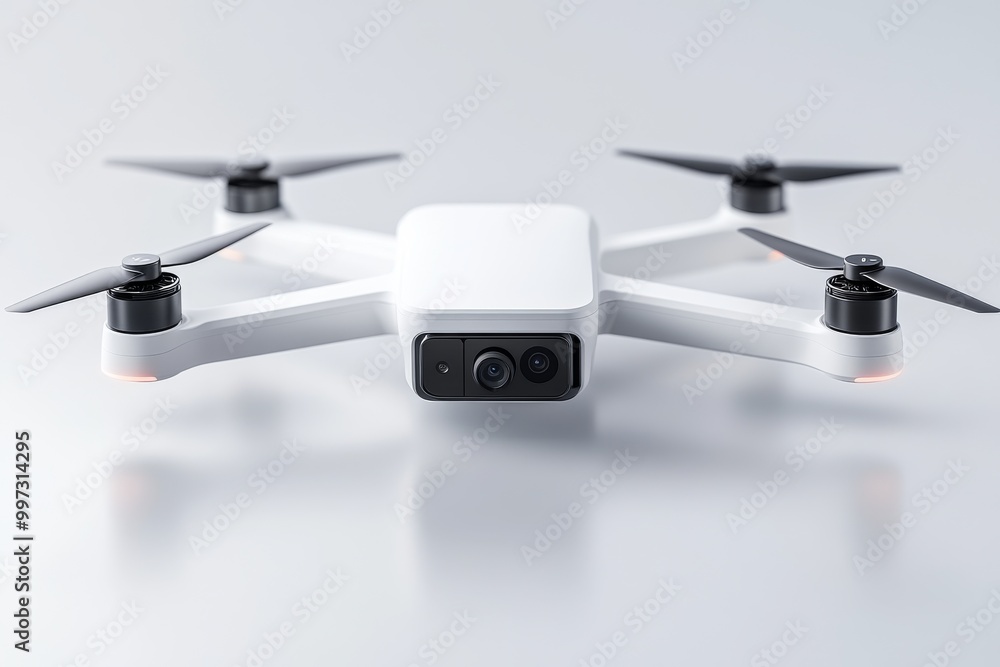 Poster close up of a sleek white drone with multiple propellers highlighting modern drone design and advanc