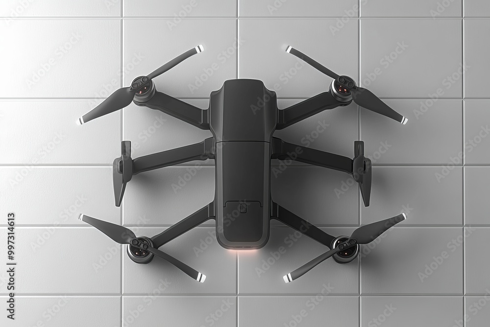 Poster top down view of a black drone with folded arms placed against a minimalist white background represe