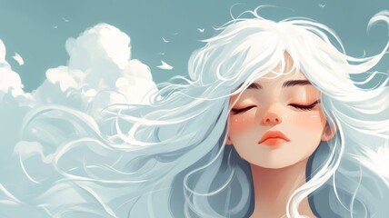 Anime-Style Girl with Long White Hair, Closed Eyes, Delicate Features, and Wind Blowing Through White Clouds in the Sky
