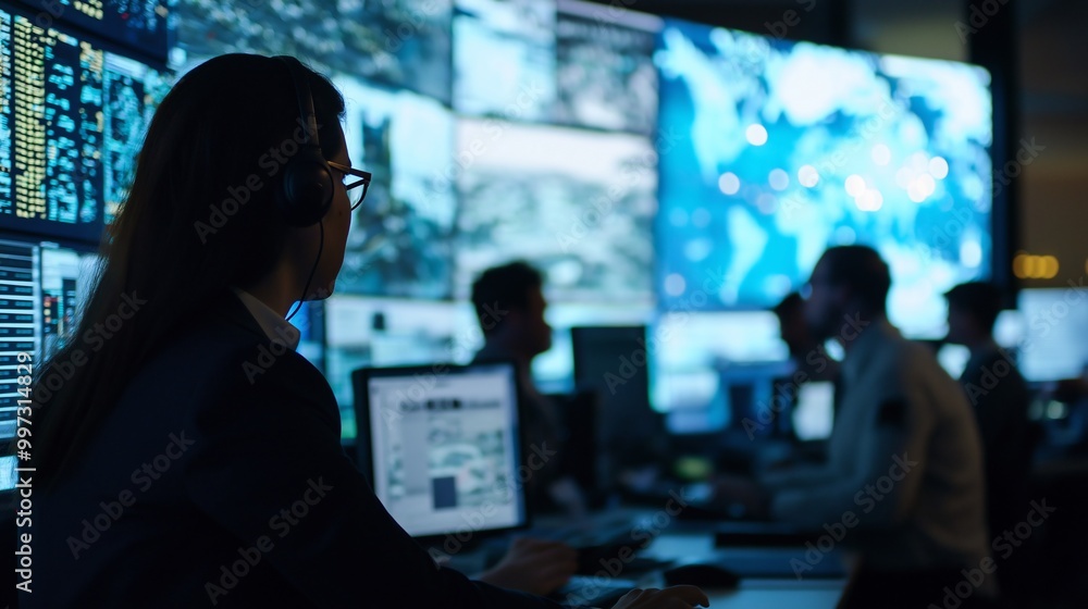 Aufkleber security experts monitoring command center screens