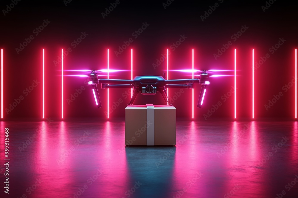 Poster drone hovering in a neon lit room with vibrant pink and blue light streaks representing technologica