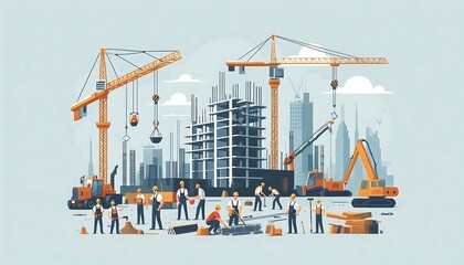 construction site with cranes, workers, and equipment in action