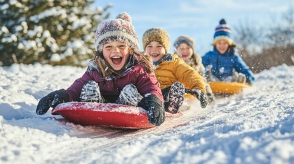 Joyful Children Sledding Down a Snowy Hill on a Sunny Day