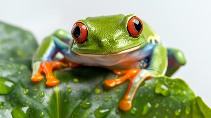 Captivating portrait of a red-eyed tree frog on dew-kissed leaf for nature design isolated on white background