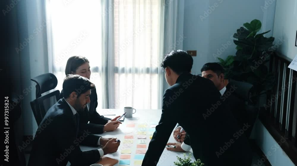 Poster top view of business team discuss about marketing strategy while smart manager enter meeting and tal