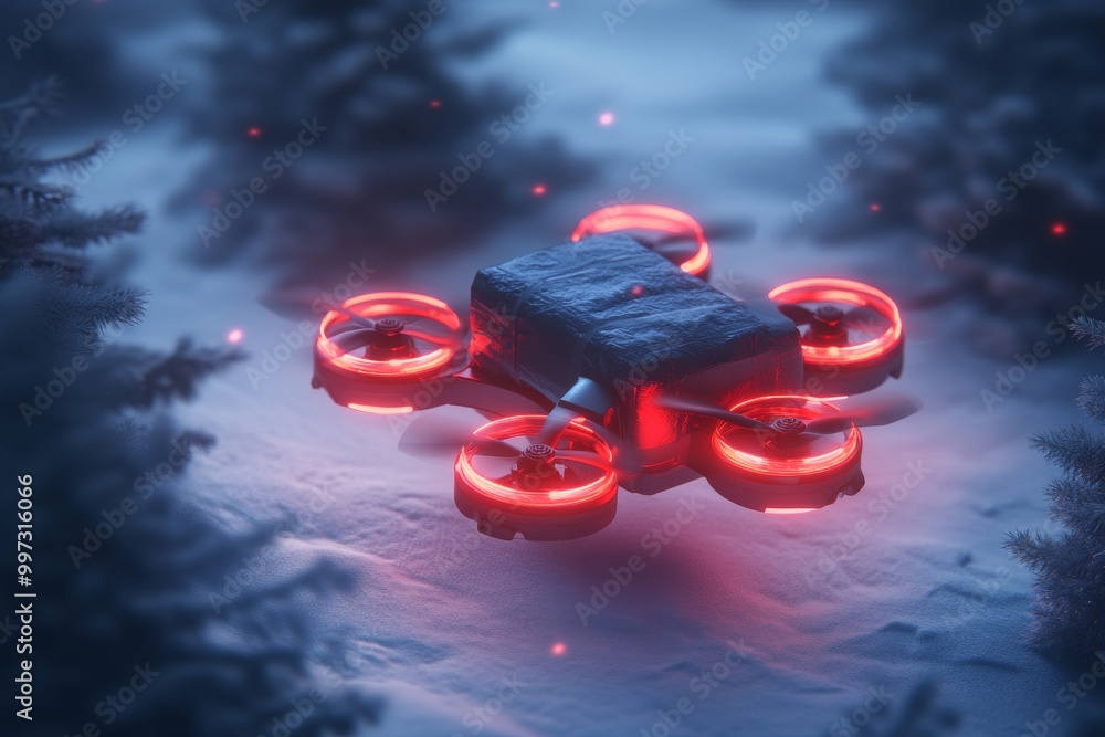 Poster futuristic red drone hovering over a snowy landscape with glowing propellers capturing the essence o