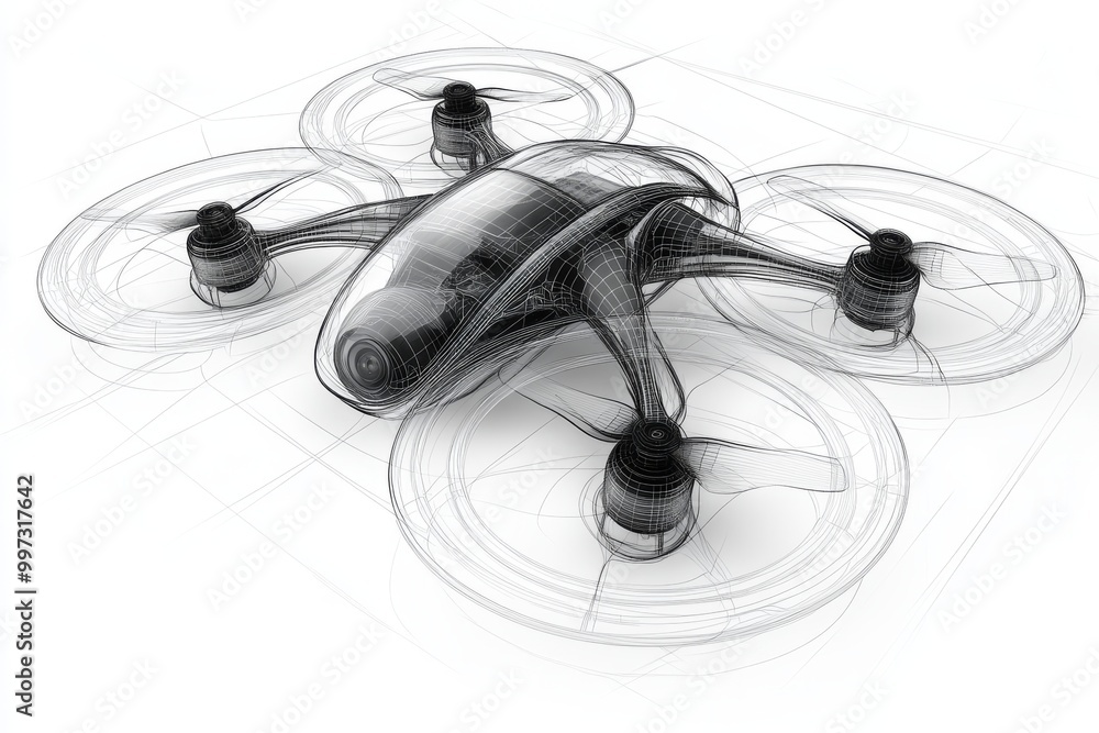 Poster black and white sketch of a multi propeller drone showcasing the conceptual development of advanced 